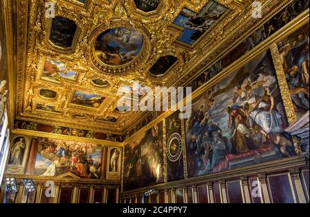 Venice, Italy - May 20, 2017: Inside the Doge`s Palace (Palazzo Ducale) in Venice. It is famous tourist attraction of Venice. Panoramic view of luxury Stock Photo